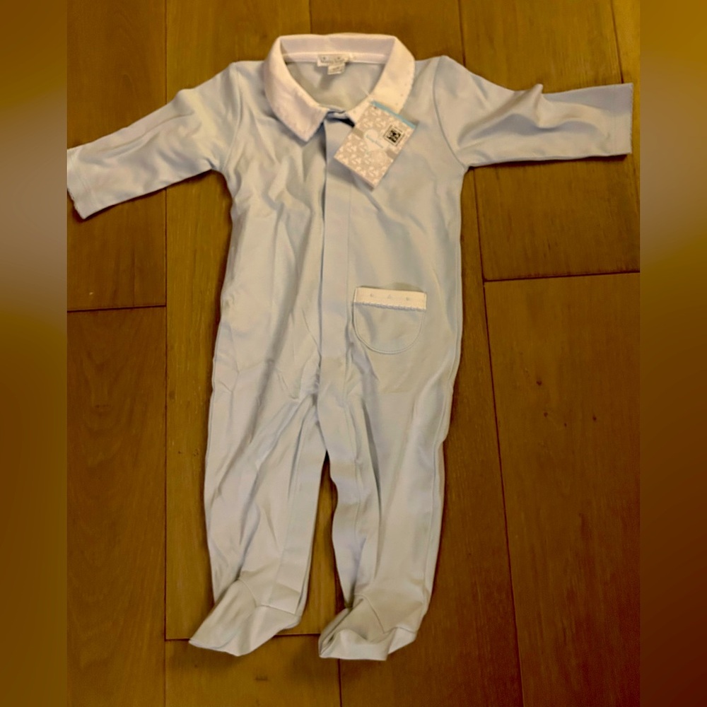 Kissy Kissy blue New Beginnings footie w collar 6-9 M